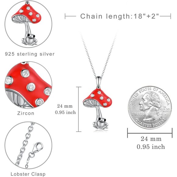 Women's Red Silver Simple Cute Frog Mushroom Charm Gift Pendant Necklace - Picture 4 of 5